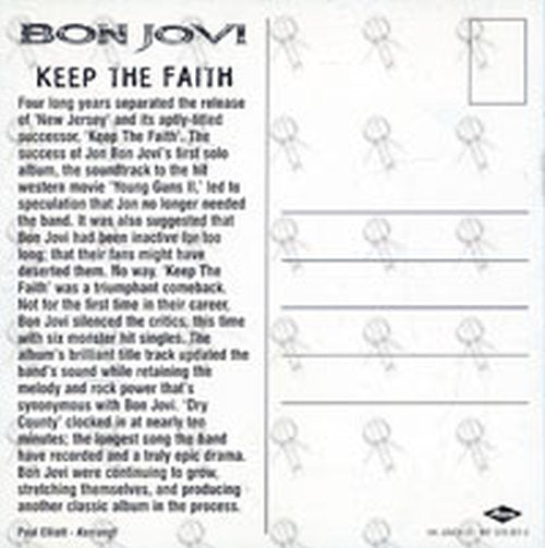 BON JOVI - &#39;Keep The Faith&#39; Promo Postcard - 2